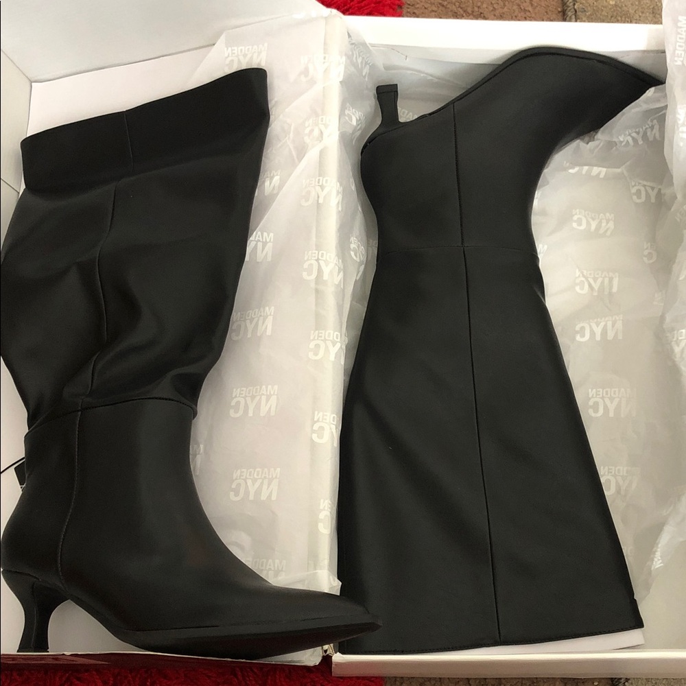 Made in NYC Black Over-the-Knee Pointed-Toe Kitten Heel Boots